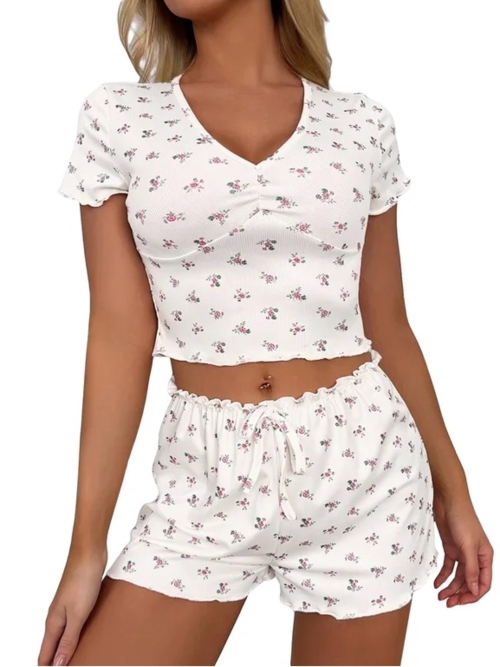 Women's White Floral Ribbed V-Neck Pajama Set